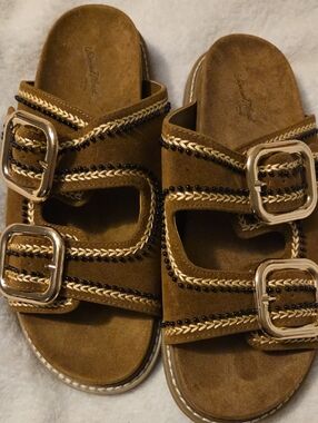 Suede Double-Buckle Slide Sandals in Brown